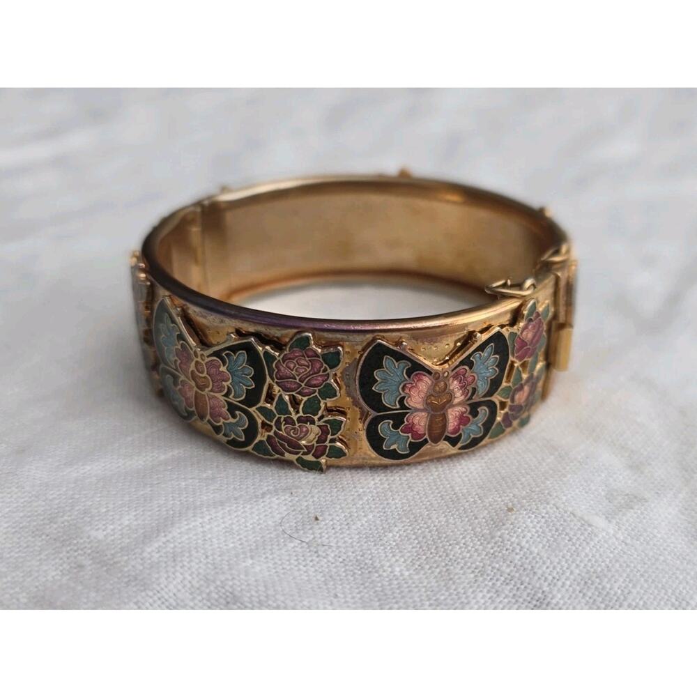 Gold Tone Hinged Bangle Bracelet With Cloisonné Butterflies & Safety Chain - Picture 3 of 12